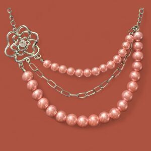 Pink Faux Pearl Rose Silver Tone Choker Necklace
